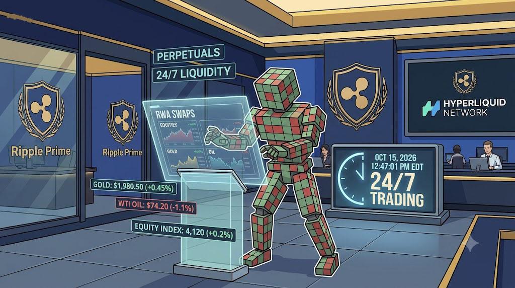 Robot operating Ripple Prime 24/7 RWA perpetual swaps trading terminal