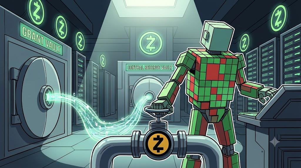 Blocky robot adjusting Zcash funding streams in a treasury vault