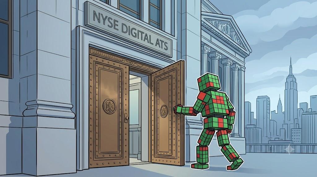 A cubic robot cautiously pushes open doors labeled NYSE DIGITAL ATS. Keywords: tokenized stocks