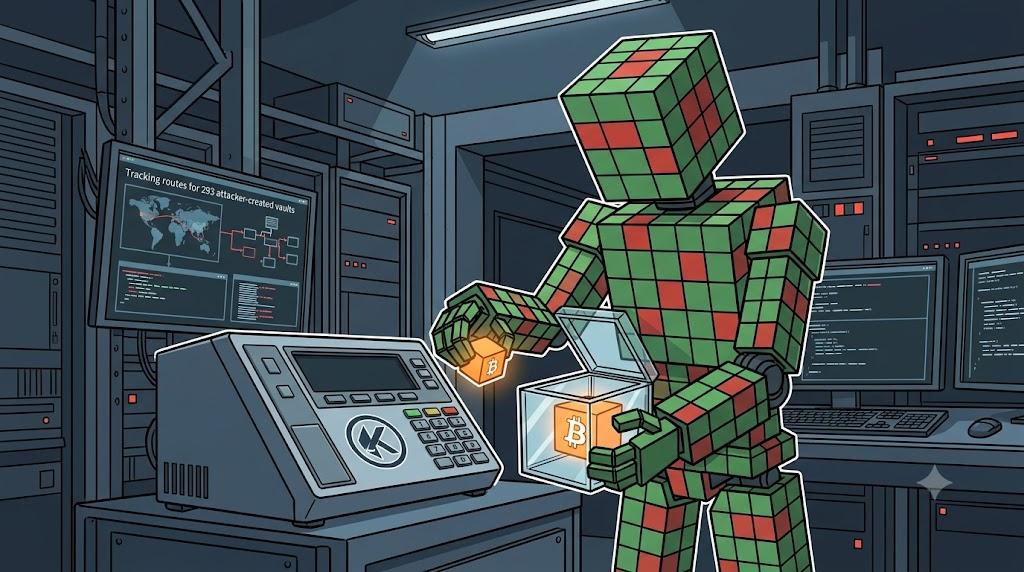 Robot tracks stolen Bitcoin across multisig vaults inside Coinkite terminal.