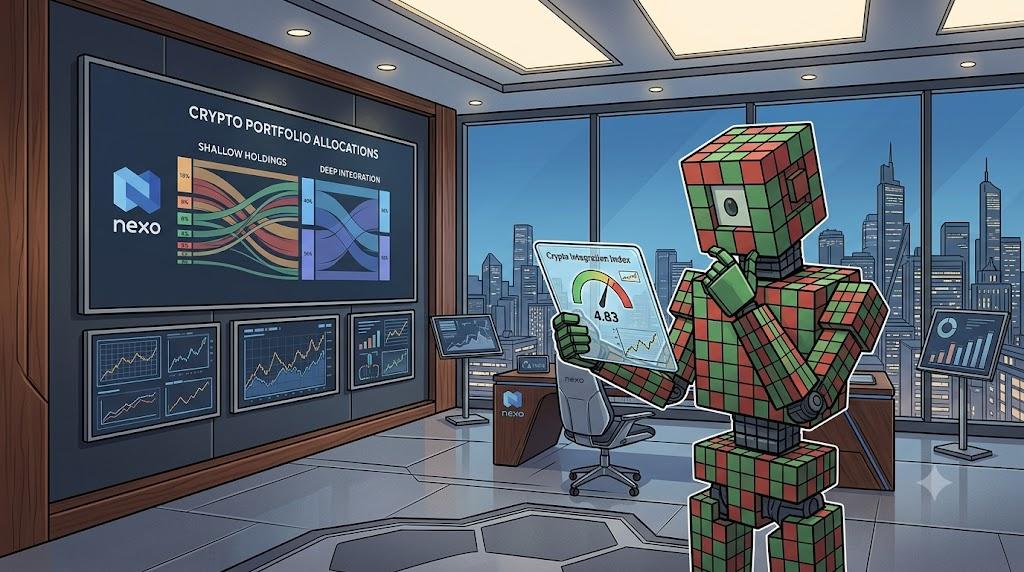 A cubic robot examines portfolio data on a Nexo display