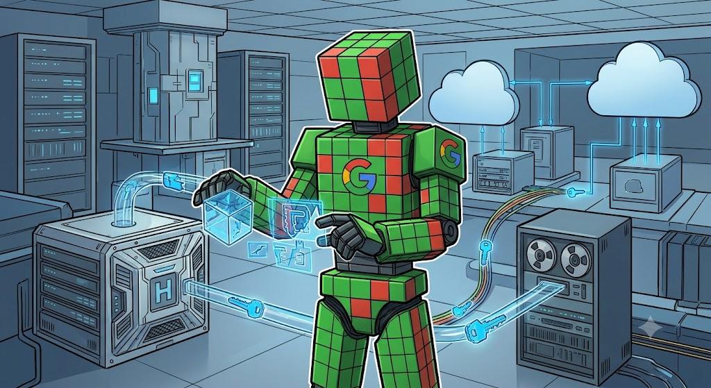 A Google-branded MPC robot manages cryptographic security within a financial vault as bank professionals monitor transactions