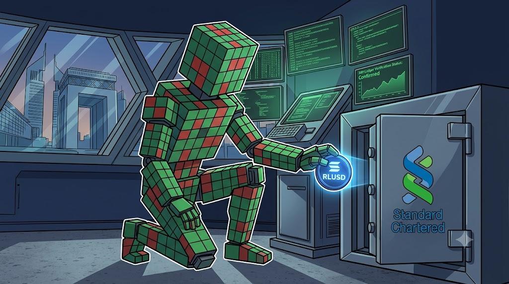 Robot securing RLUSD stablecoin inside Standard Chartered DIFC custody vault