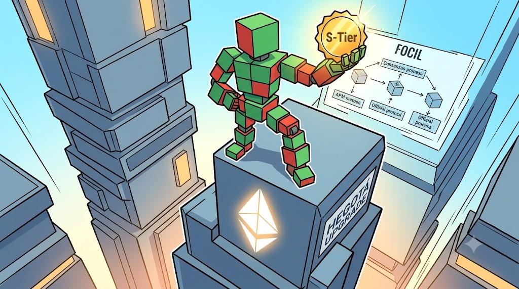 Robot celebrates FOCIL consensus priority inside Ethereum network hub