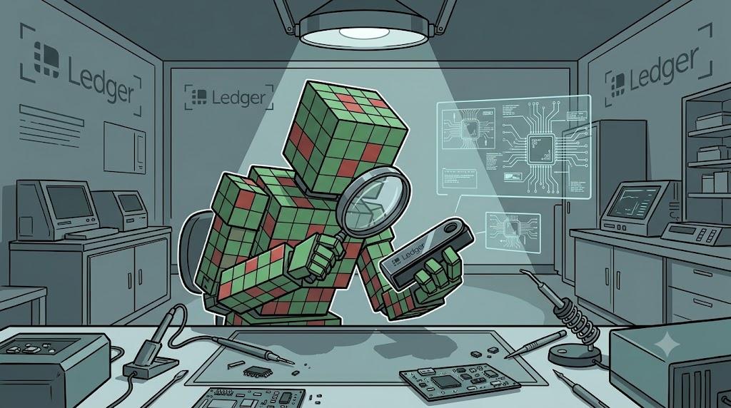 Robot examining hardware wallet during investigation of stolen cryptocurrency funds