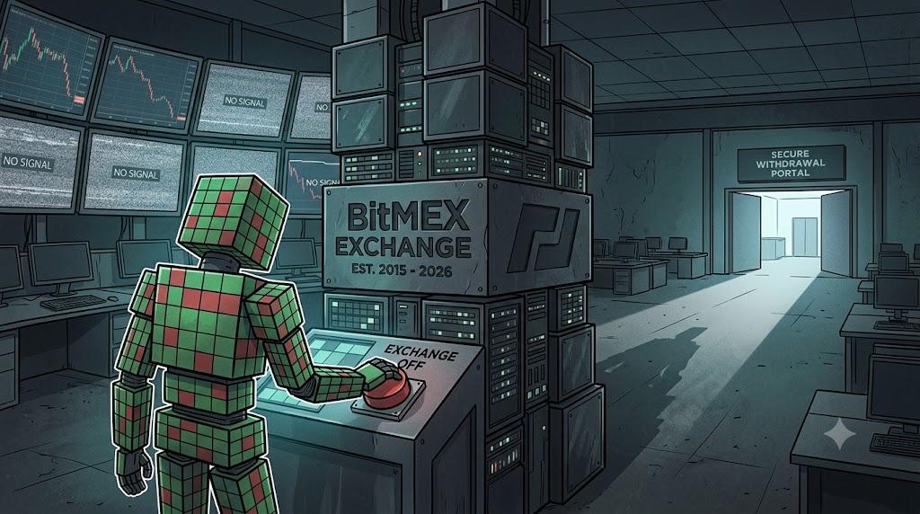 A cubic robot shuts down servers at the BitMEX exchange. Keywords: BitMEX ends operations