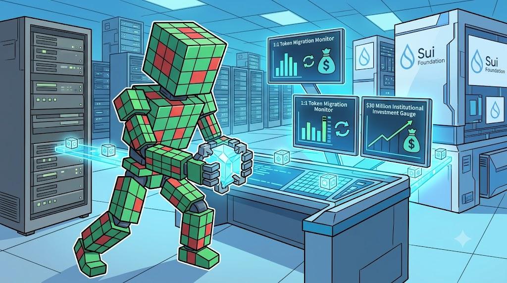 Robot migrating AI training data to Sui Foundation network hub