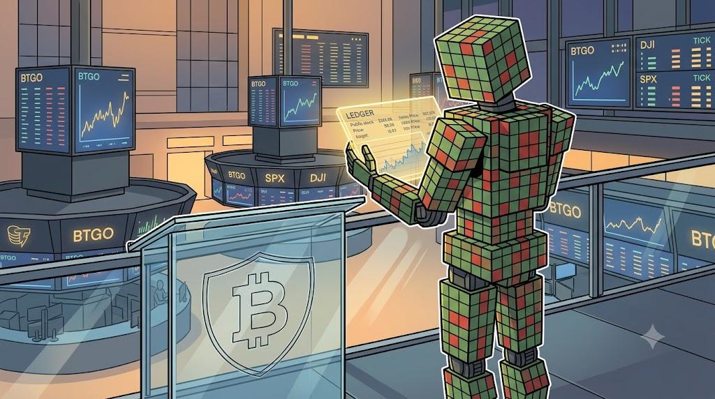 BitGo robot reviewing public market performance following stock debut