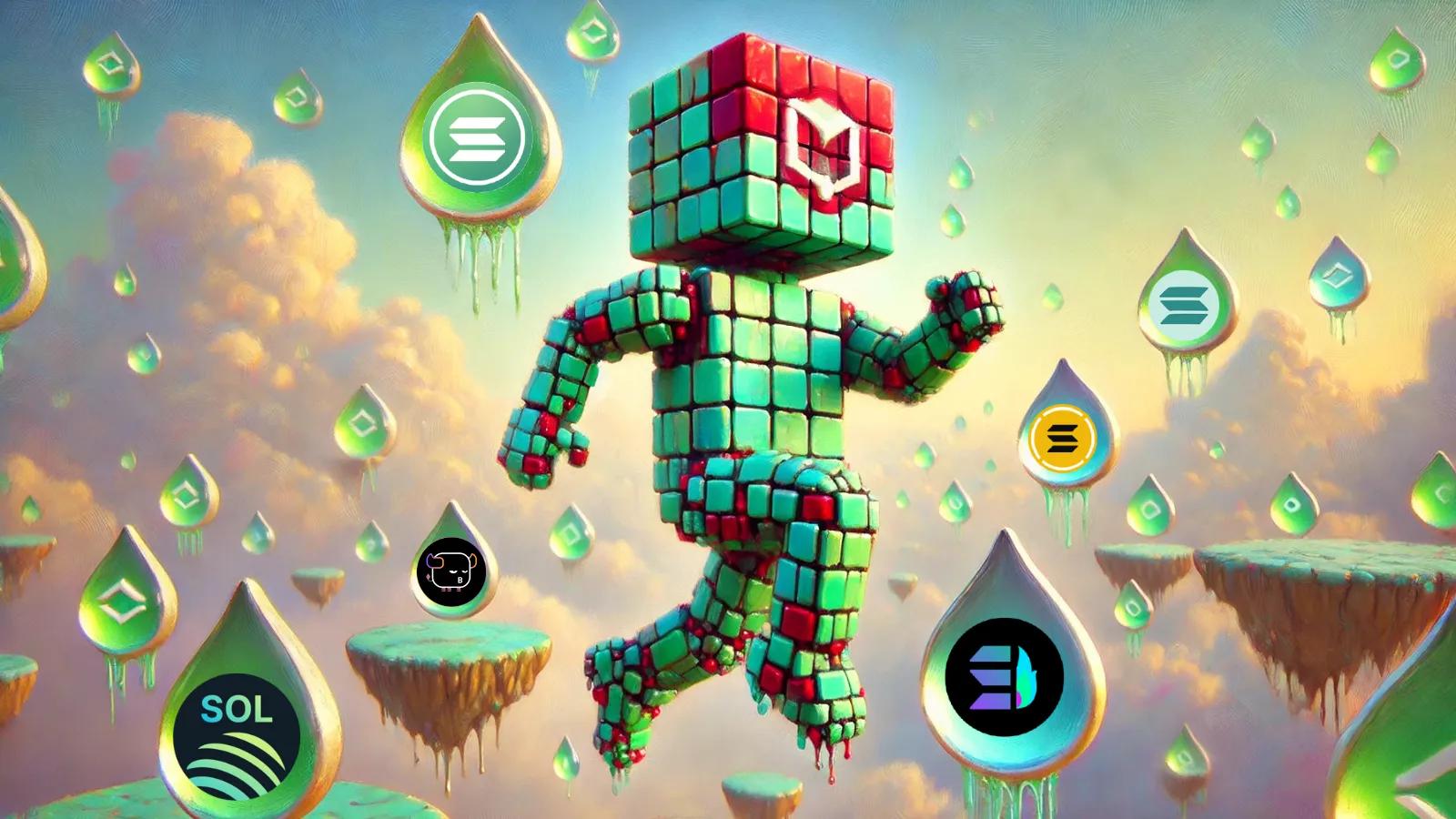 Robot holding SOL token in stream, symbolizing liquidity and staking