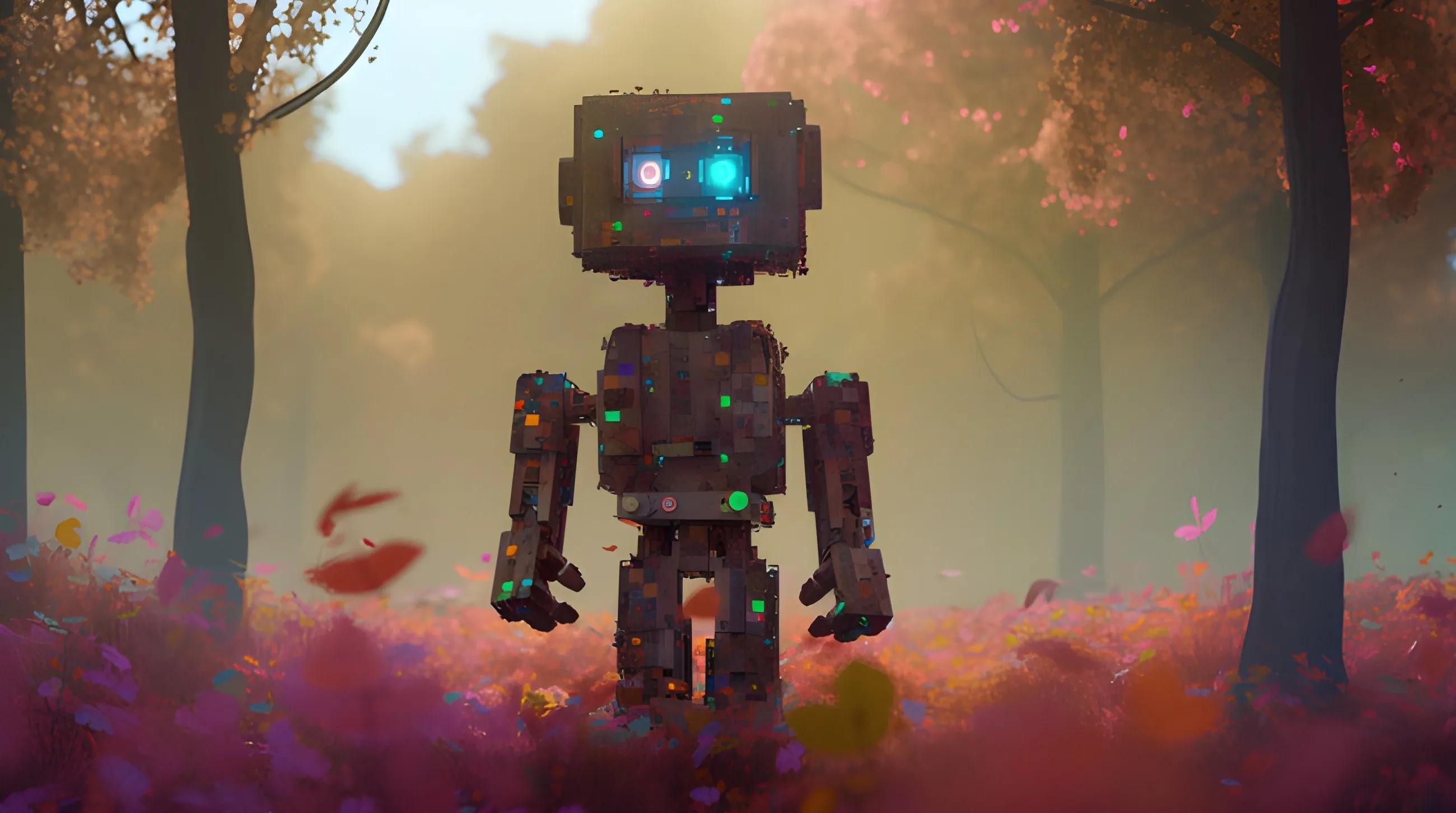Robot looking forward to meet rising nft artists in a romantic digital forest