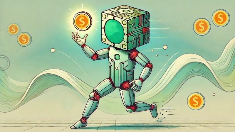 Cubic robot processing stablecoin payment in a futuristic landscape