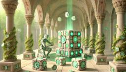 Robot collecting DeFi orbs in pastel treasury temple [DeFi]