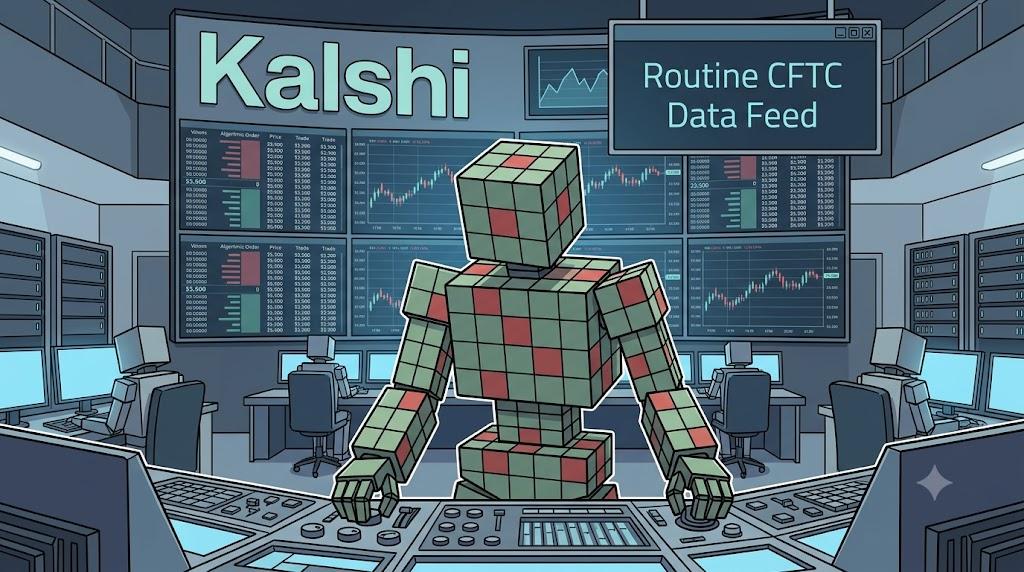 A cubic robot monitors Kalshi order books and regulatory compliance.
