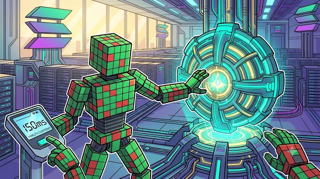 Robot calibrating Alpenglow upgrade for speed-focused Solana blockchain consensus