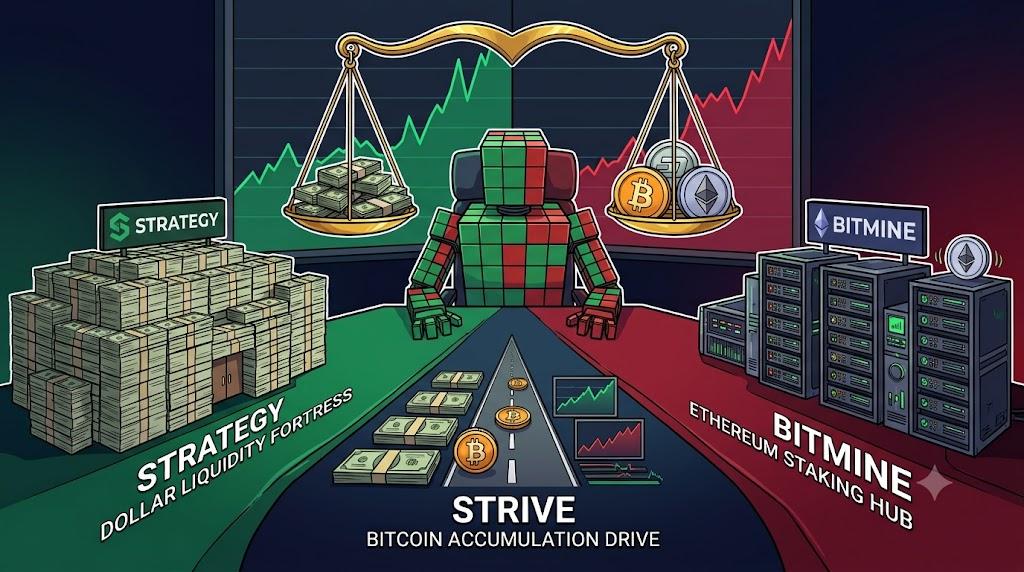 A blocky mosaic robot balances cash and crypto treasury strategies
