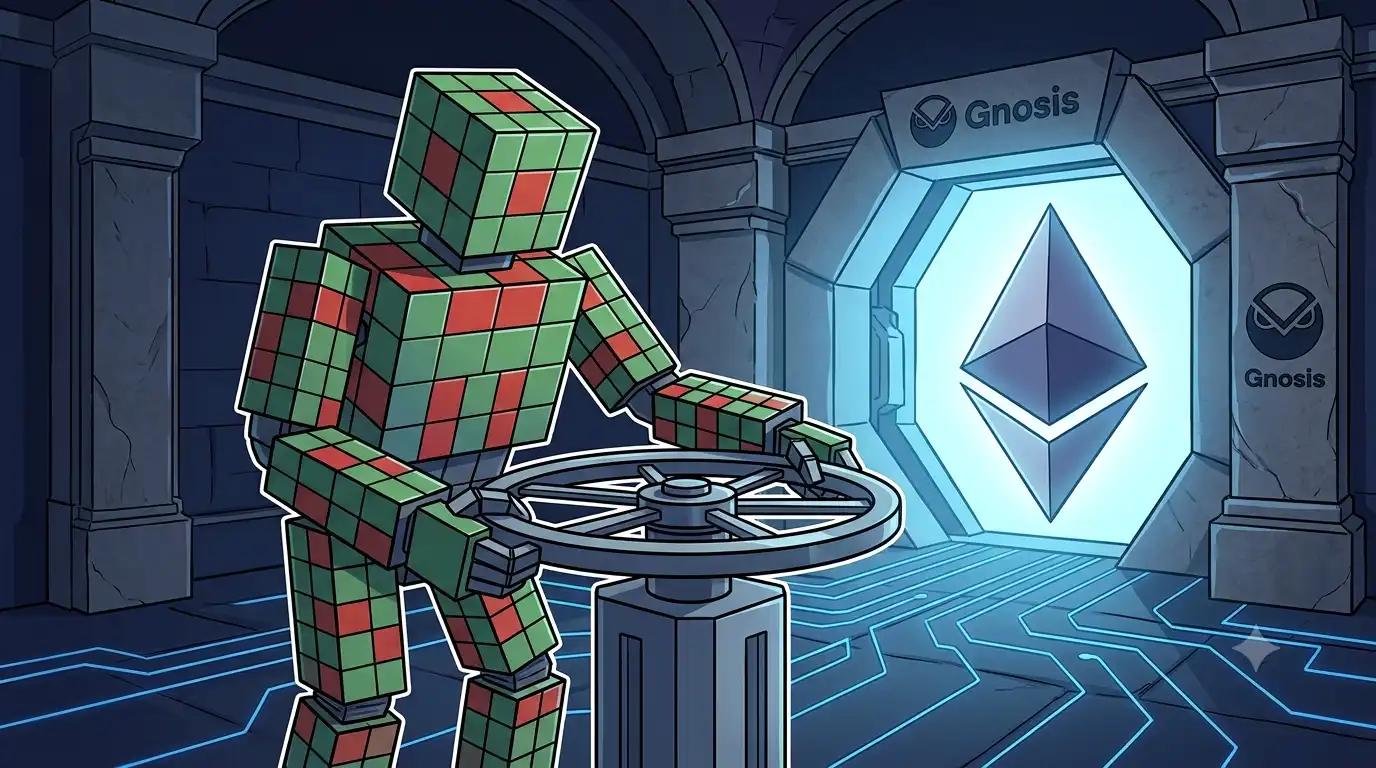 Faceless block robot unlocking a Gnosis vault to reveal Ethereum rollup settlement.