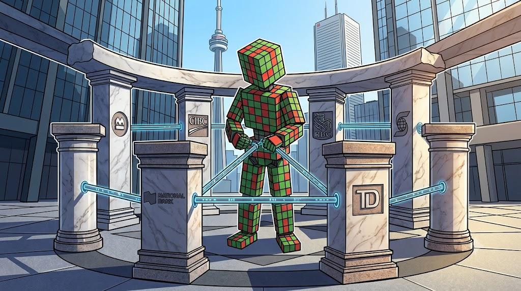 A cubic robot connects digital infrastructure between six Canadian banks. Keywords: tokenized deposits