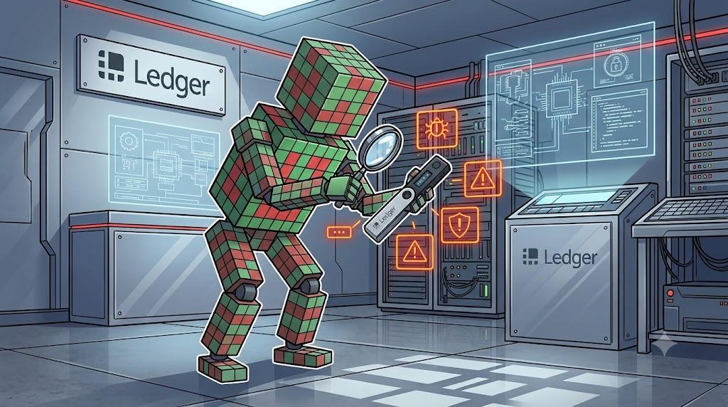 Robot inspecting a Ledger hardware wallet during an ongoing investigation