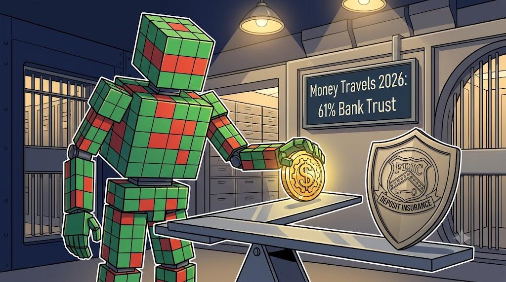 A cubic robot balances stablecoin tokens against traditional bank protections