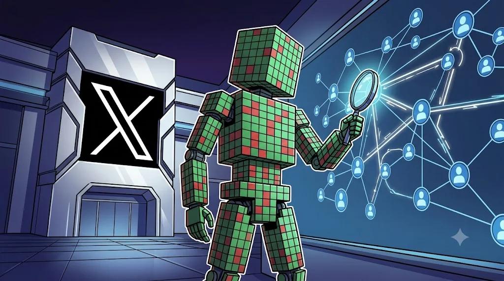 A robot investigates a Bitcoin network on X platform
