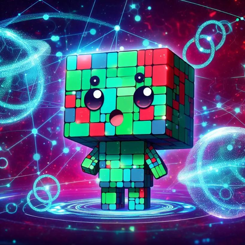 Digital art of a chibi cubic robot contemplating amidst a neon-lit Cosmos blockchain representation