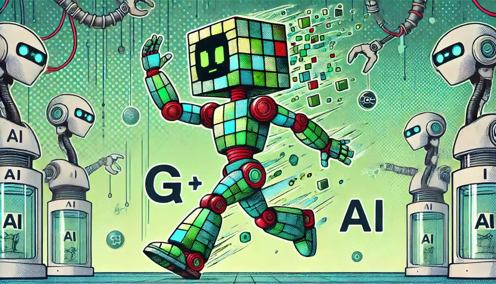 AI robot with black G, vibrant lab setting