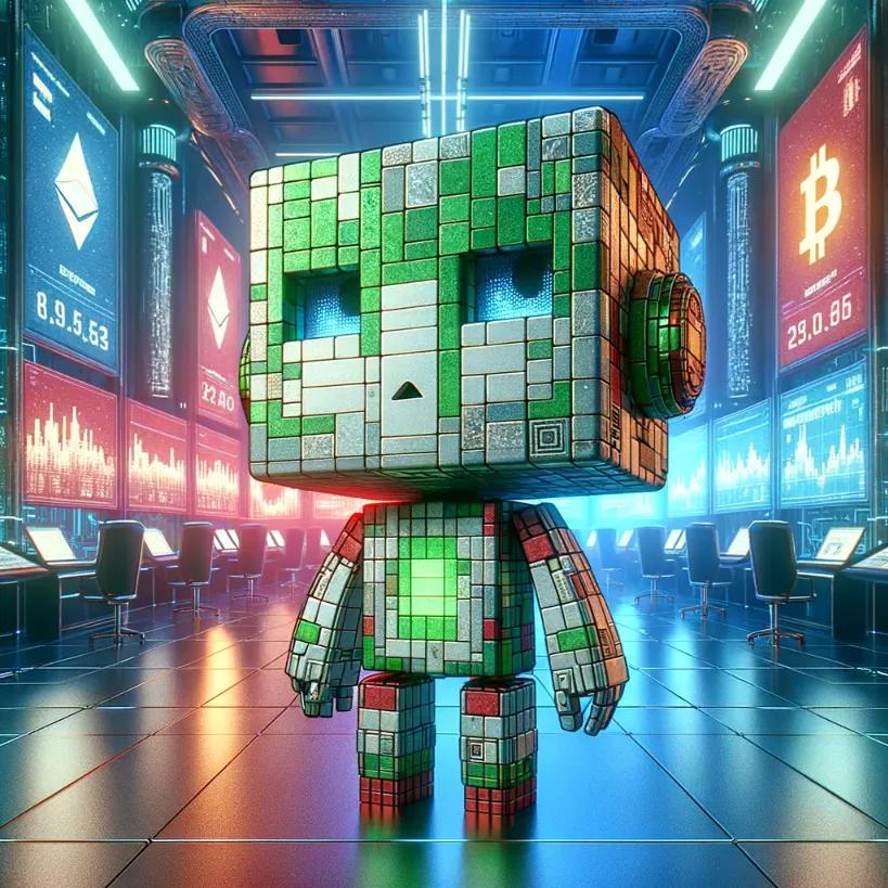 A chibi cubic robot in a futuristic crypto trading floor, with screens displaying Bitcoin and Ethereum rates