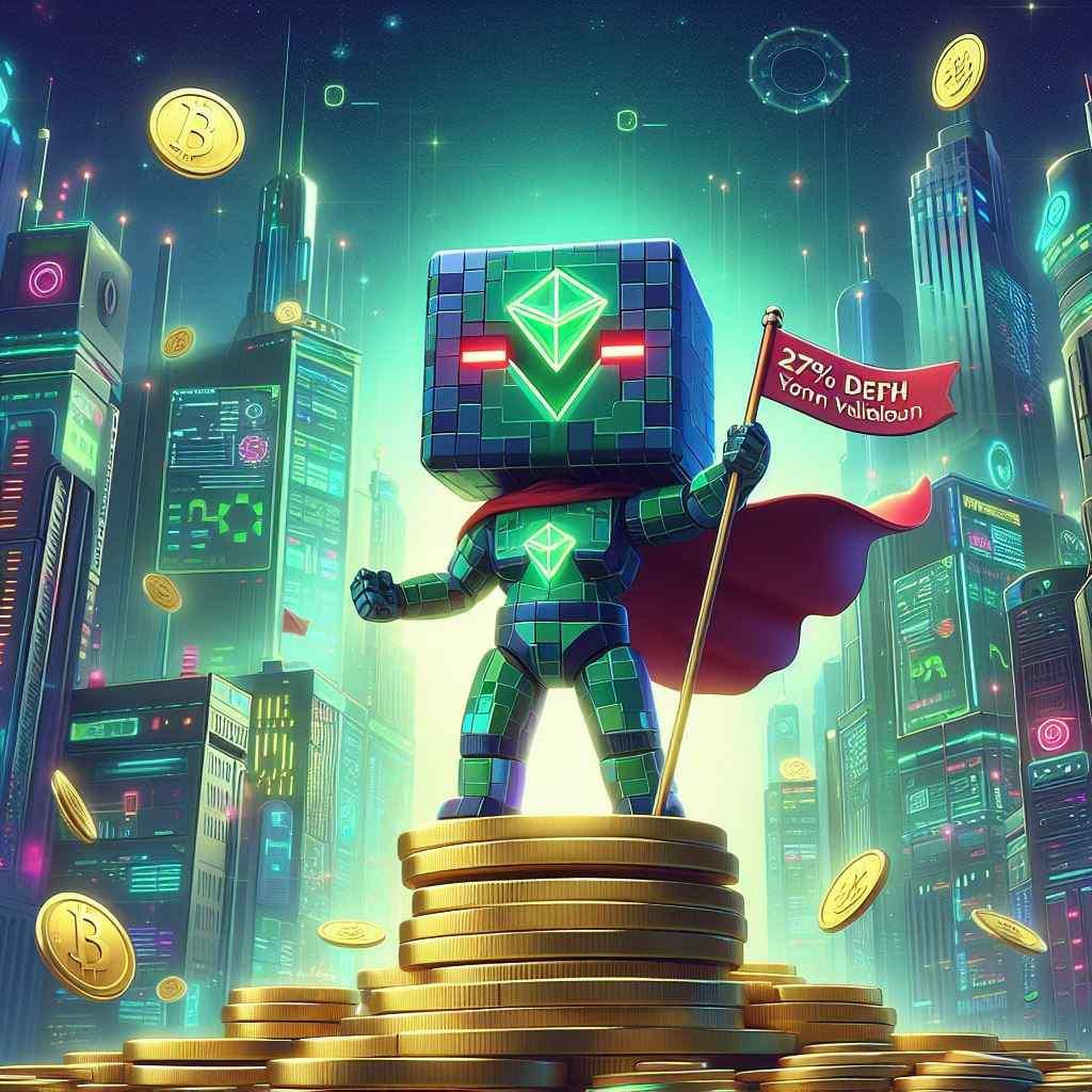 A chibi robot with an Ethena-inspired design stands triumphantly on a pile of coins, promoting DeFi yield in a bustling futuristic city
