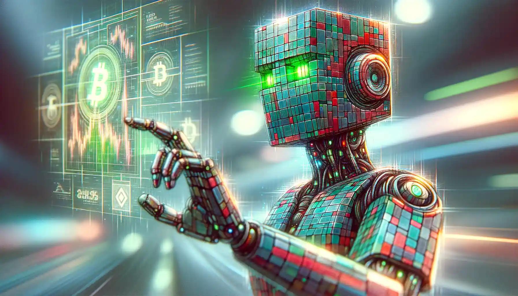 A close-up of an AI robot interacting with a crypto display