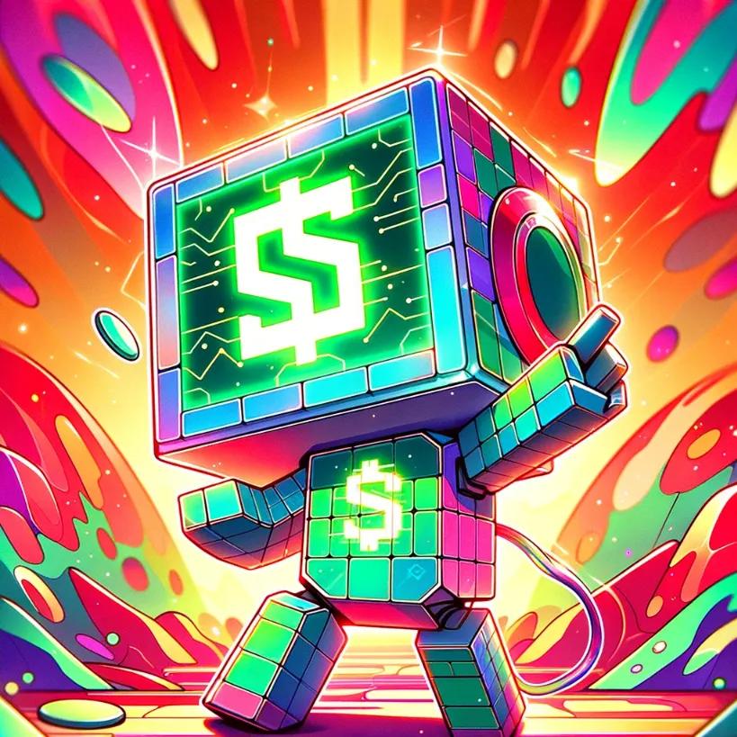A colorful chibi cubic robot in an abstract setting, displaying excitement about cryptocurrency on its screen, evoking the innovation of the Solana Saga Phone