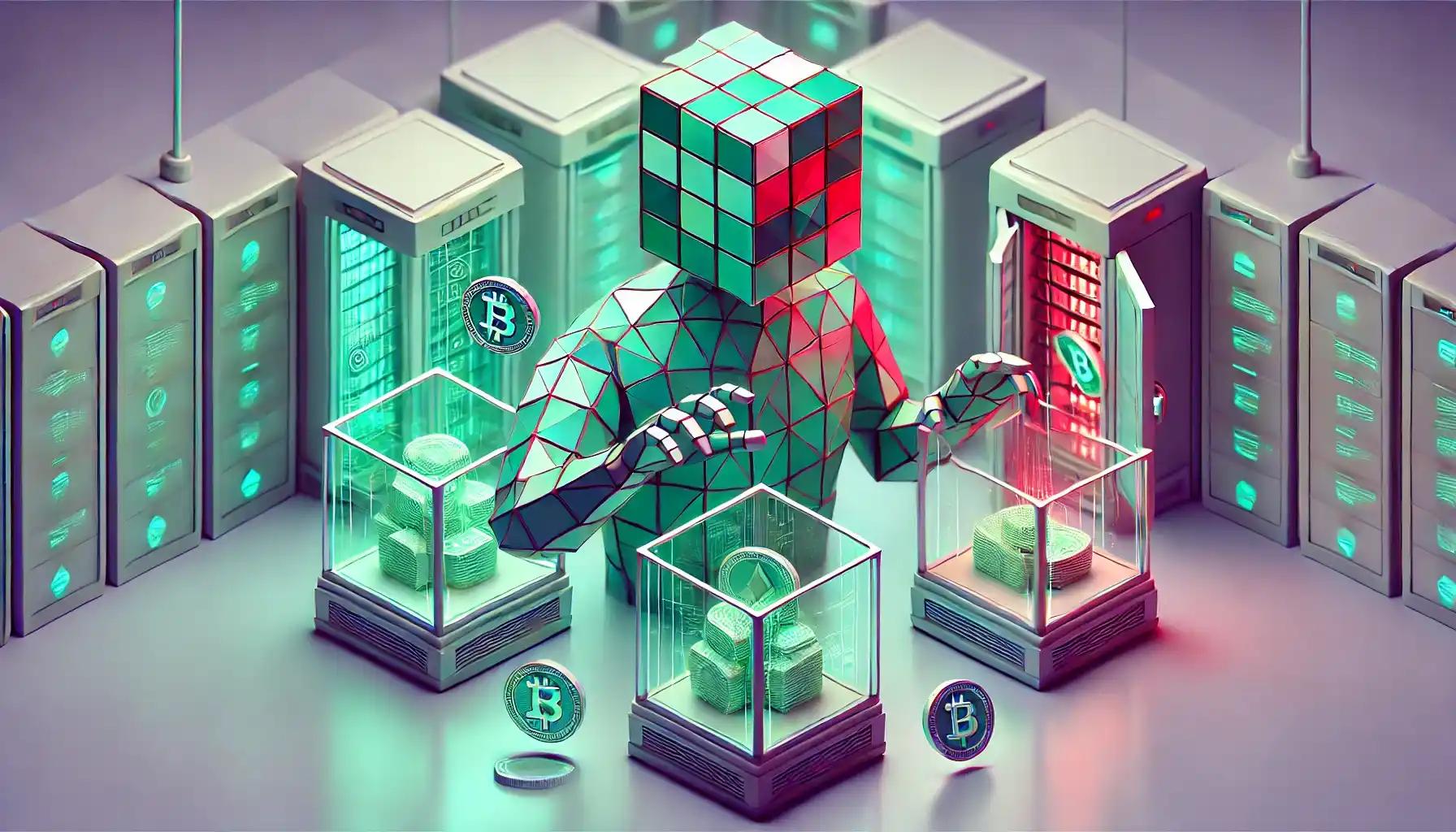 A cubic robot inside a futuristic vault sorting stablecoins