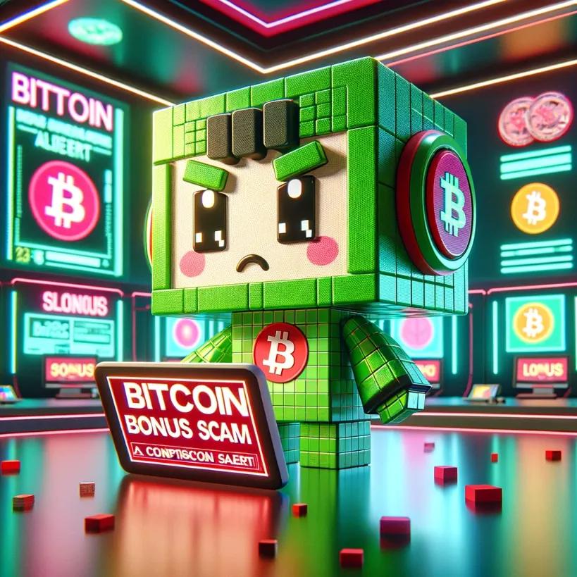 A cubic-styled robot reading about bitcoin bonus scams in a futuristic setting