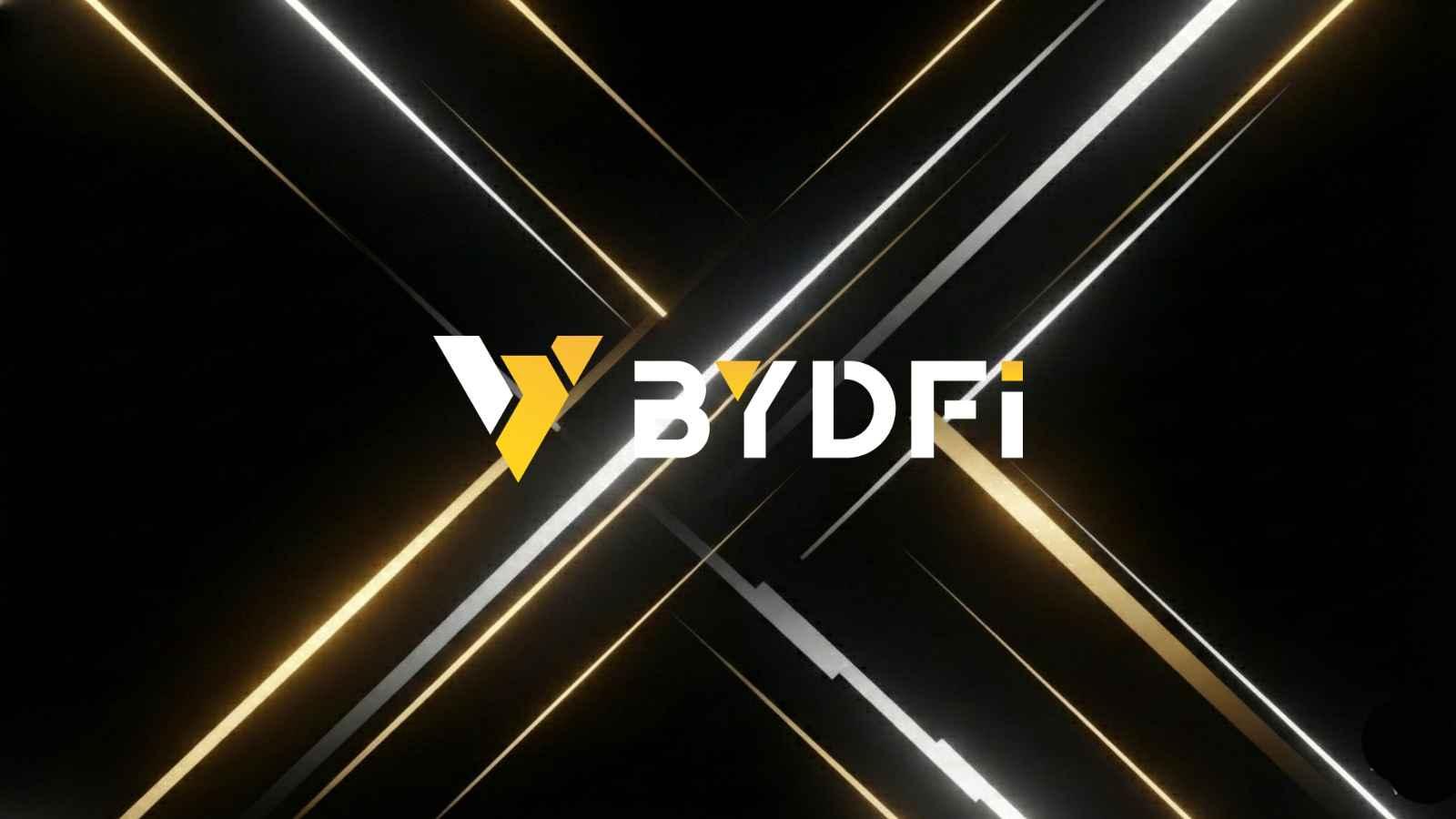 A glowing yellow and white rectangular frame highlights the BYDFi logo and text against a dark background with diagonal light streaks.