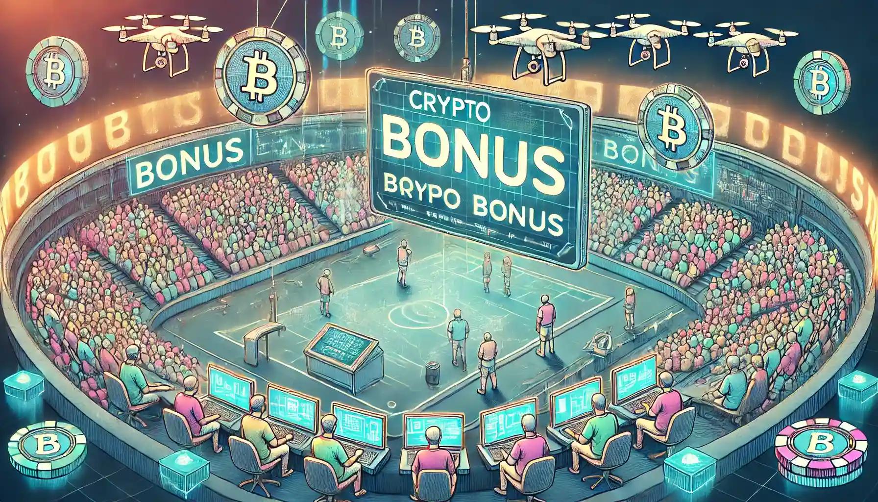 A high-tech sports betting event with bettors in futuristic attire, surrounded by holographic screens displaying crypto bonuses