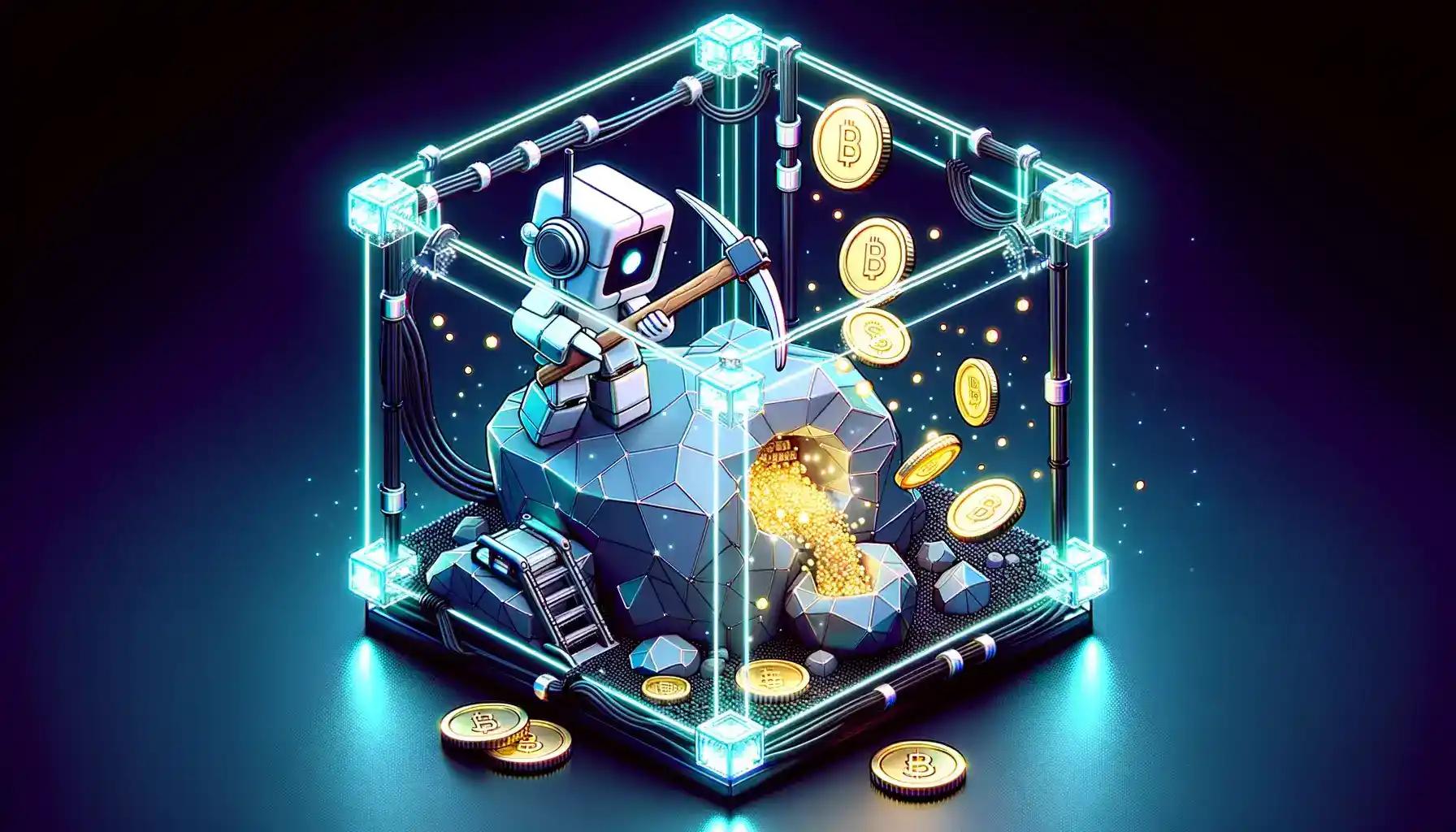 A robot in lively action mining digital coins, addressing the evolving phase of 'Is mining dead' query