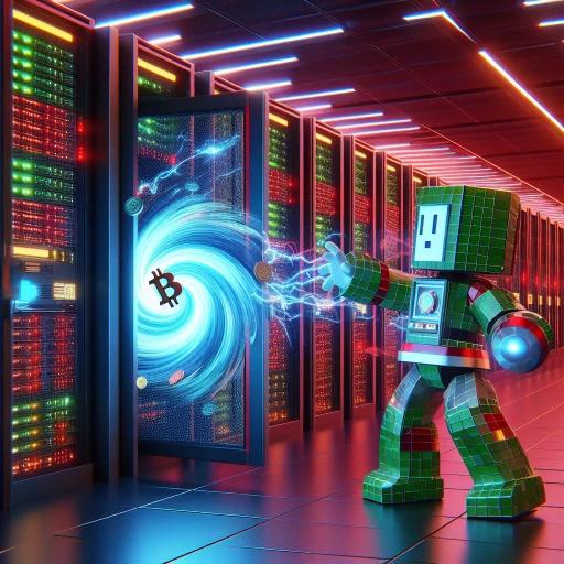 A server bank with a data breach and a robot trying to contain it