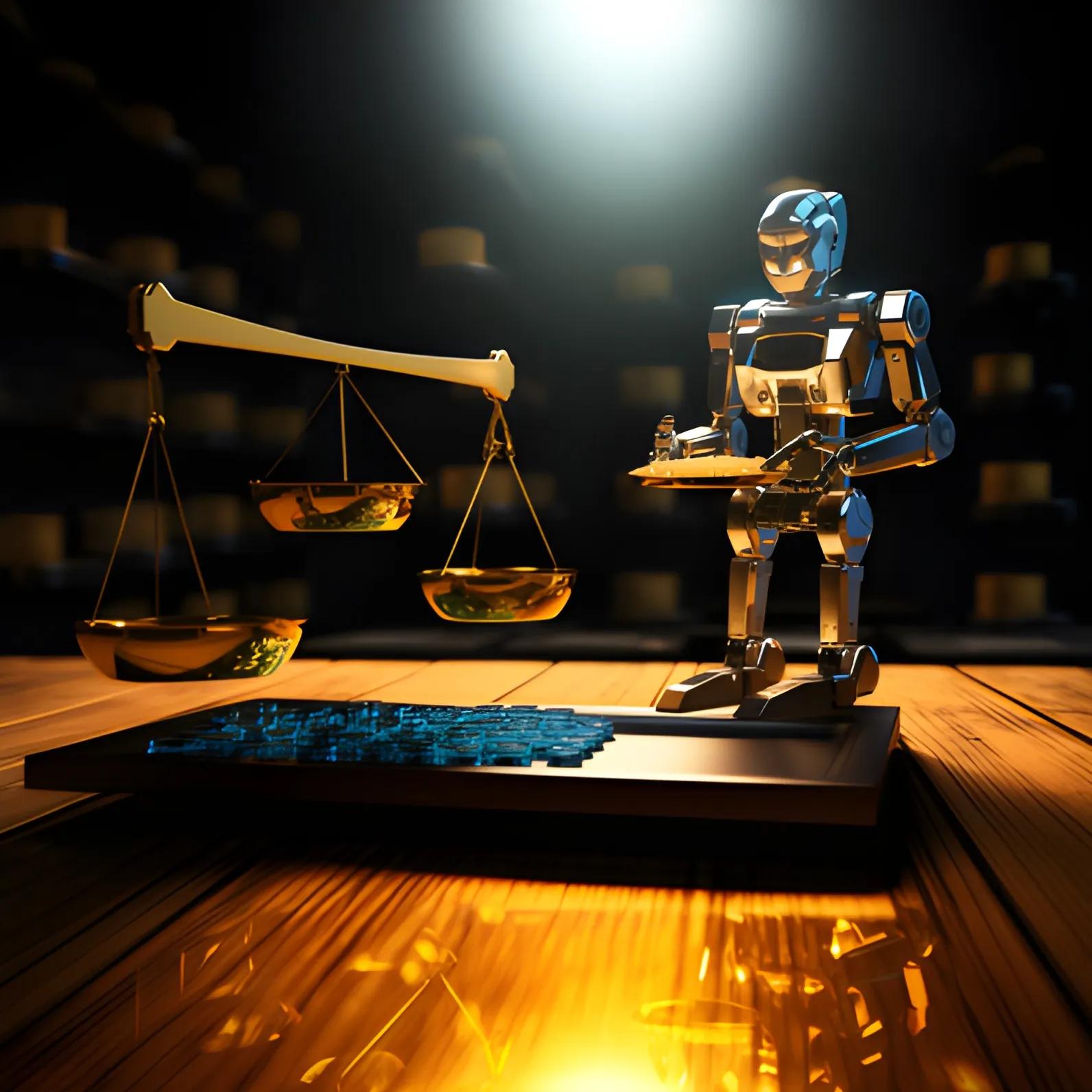 A sleek robot stands beside a set of scales encapsulating the tension between traditional and digital assets