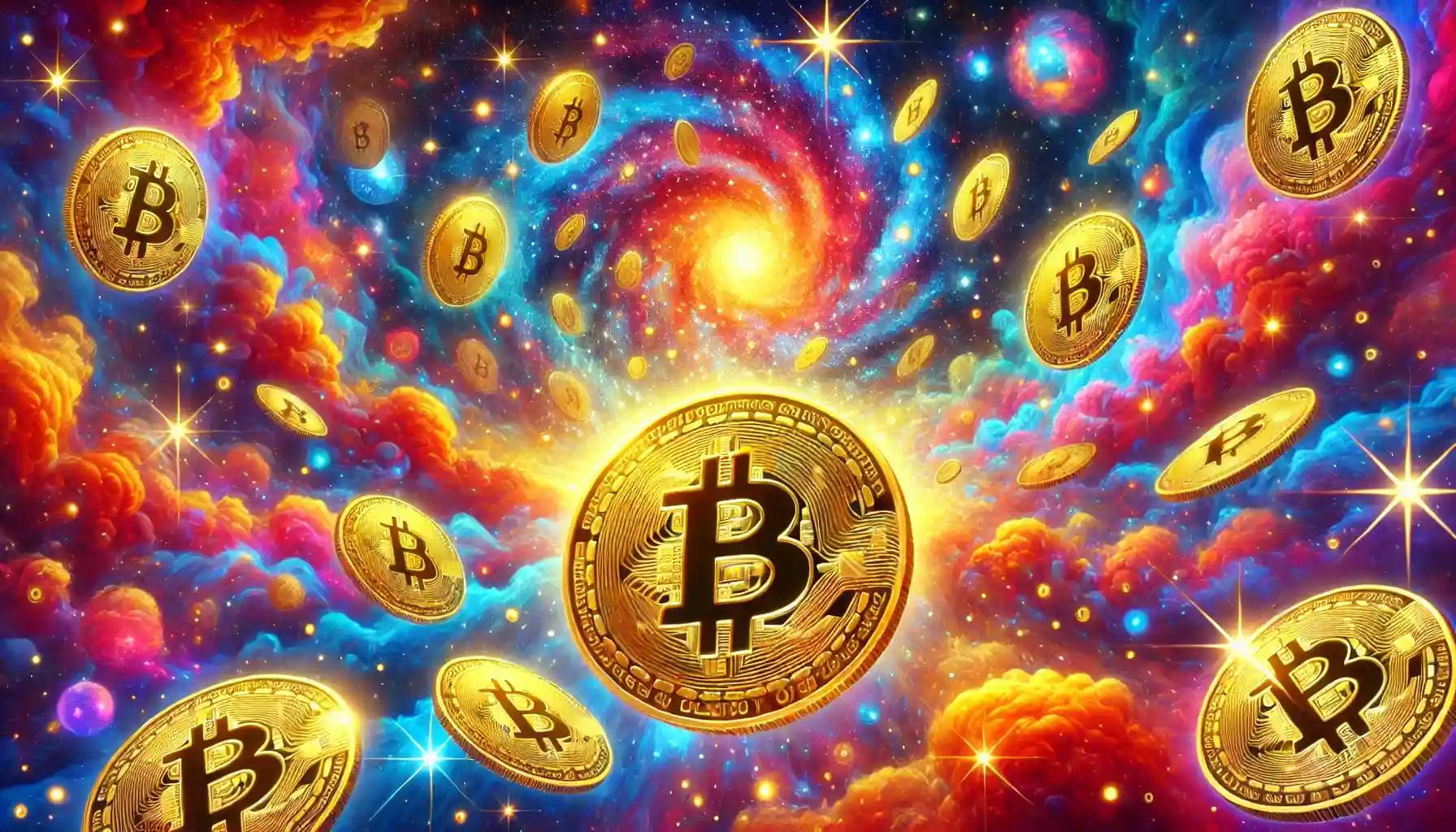 A vibrant, surreal galaxy scene featuring large golden Bitcoin coins floating in space