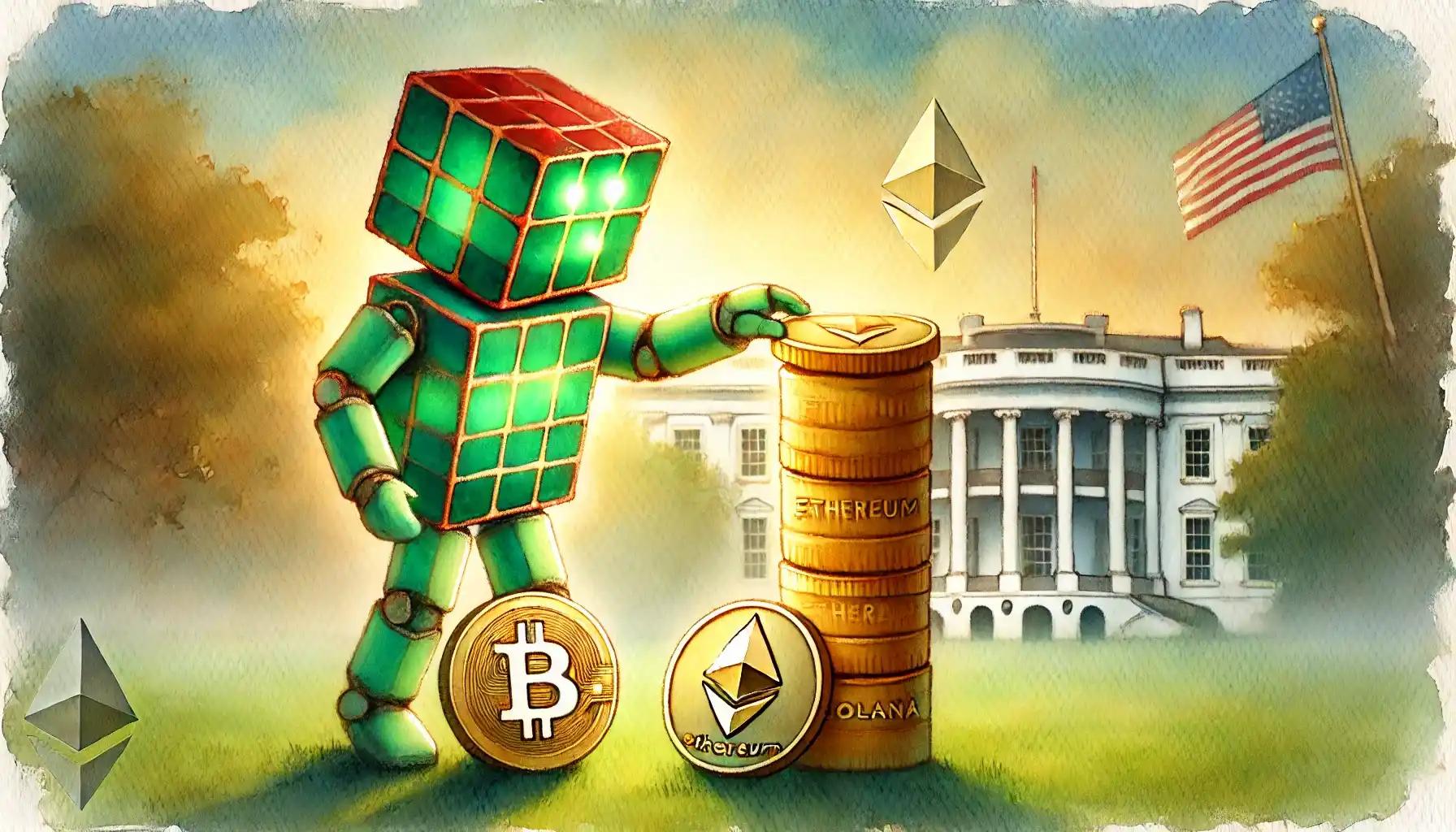 A watercolor robot stacking giant Bitcoin and Ethereum coins carefully