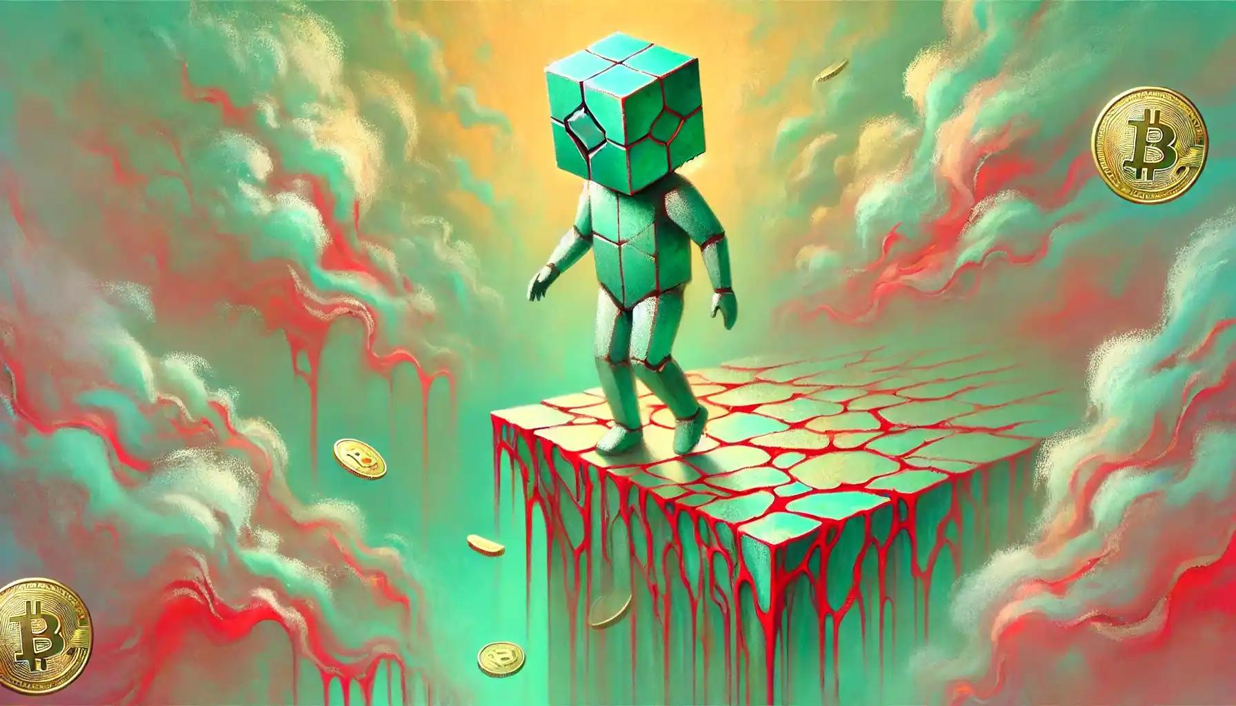 Abstract humanoid robot balances on crumbling crypto bridge over abyss