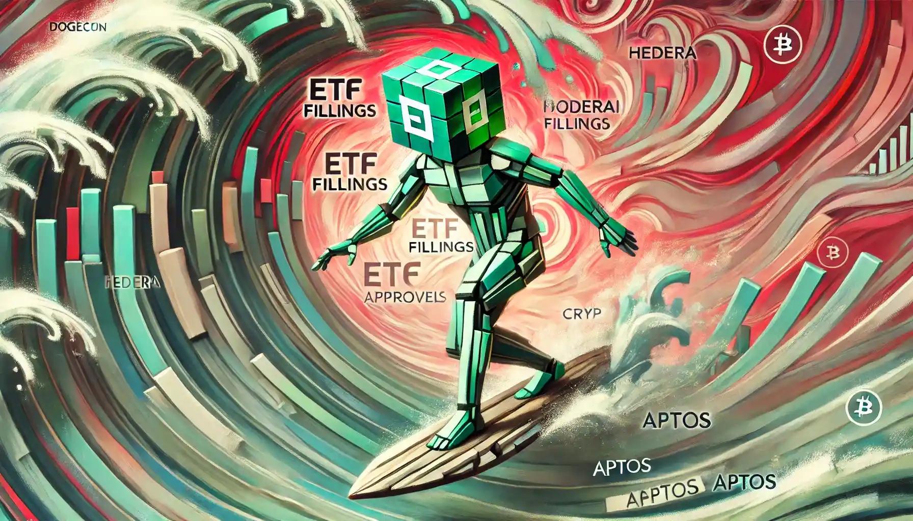 Abstract robot surfs ETF wave, gripping glowing SEC approval