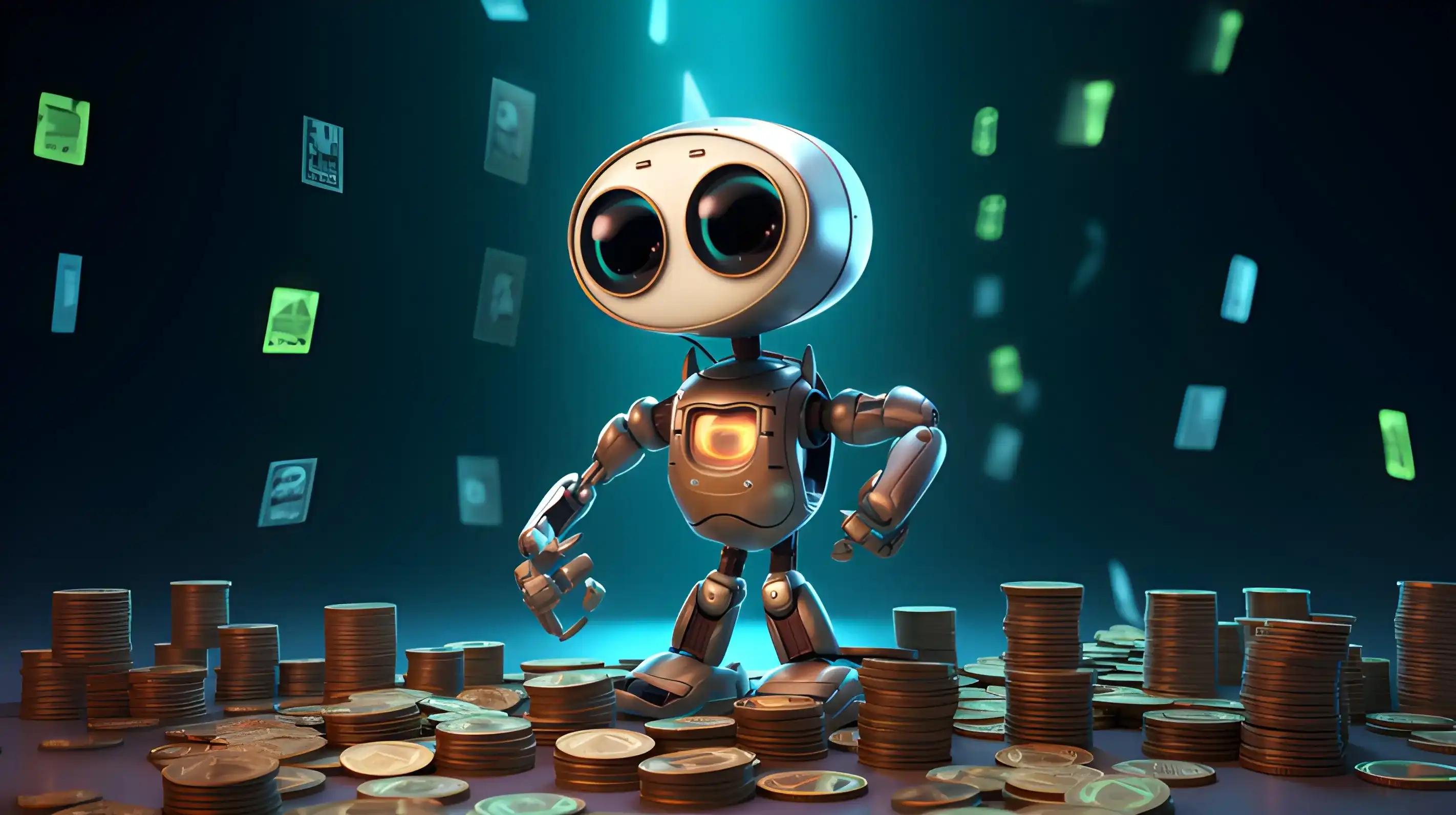 An animated robot juggling various crypto coins to illustrate how to get Robinhood crypto wallet and manage transfers