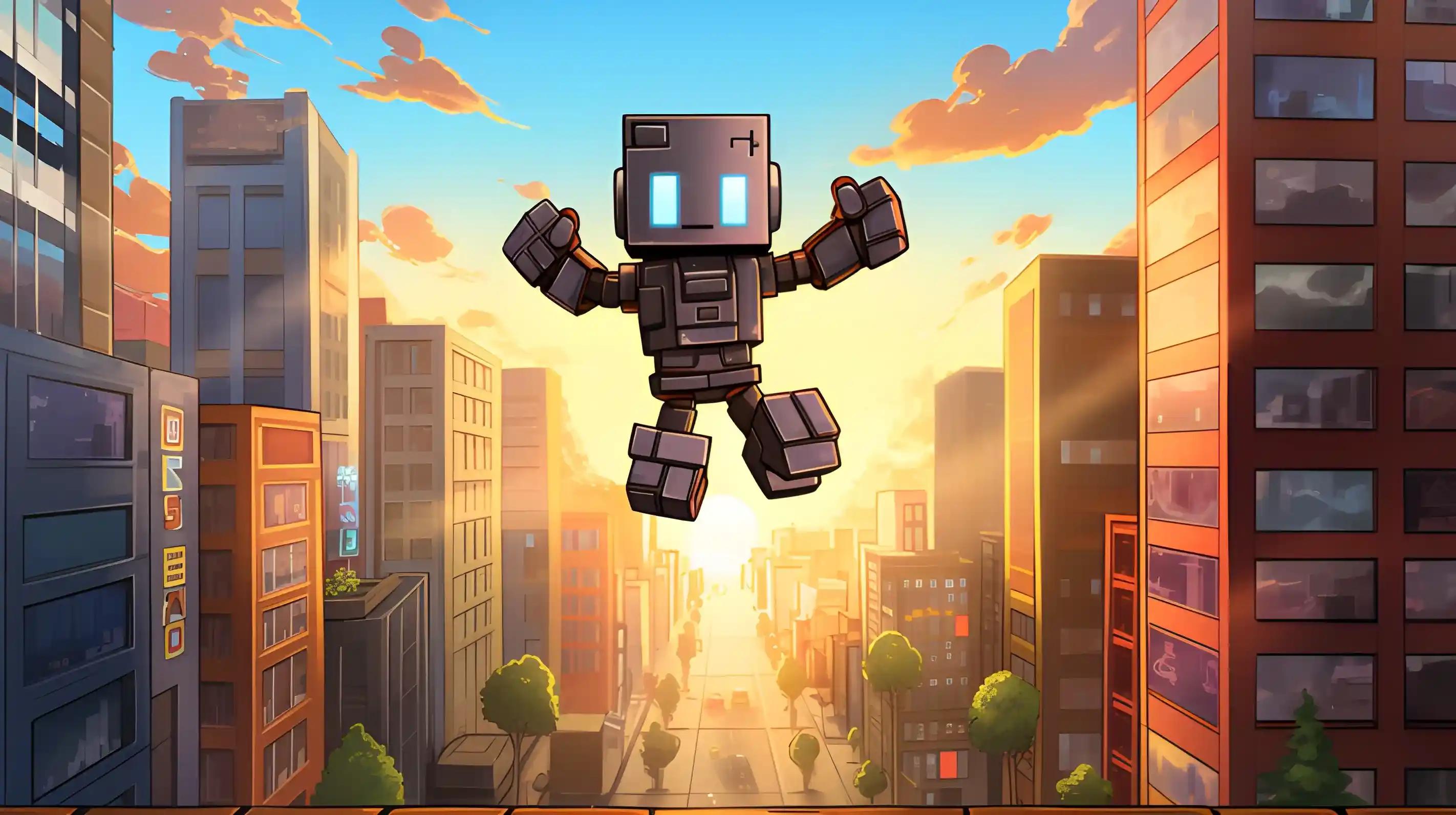 An energetic robot jumping out of its building as it catches the moment when ETH gas fees are lowest