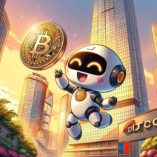Animated robot tossing Bitcoin with DTCC and BlackRock elements
