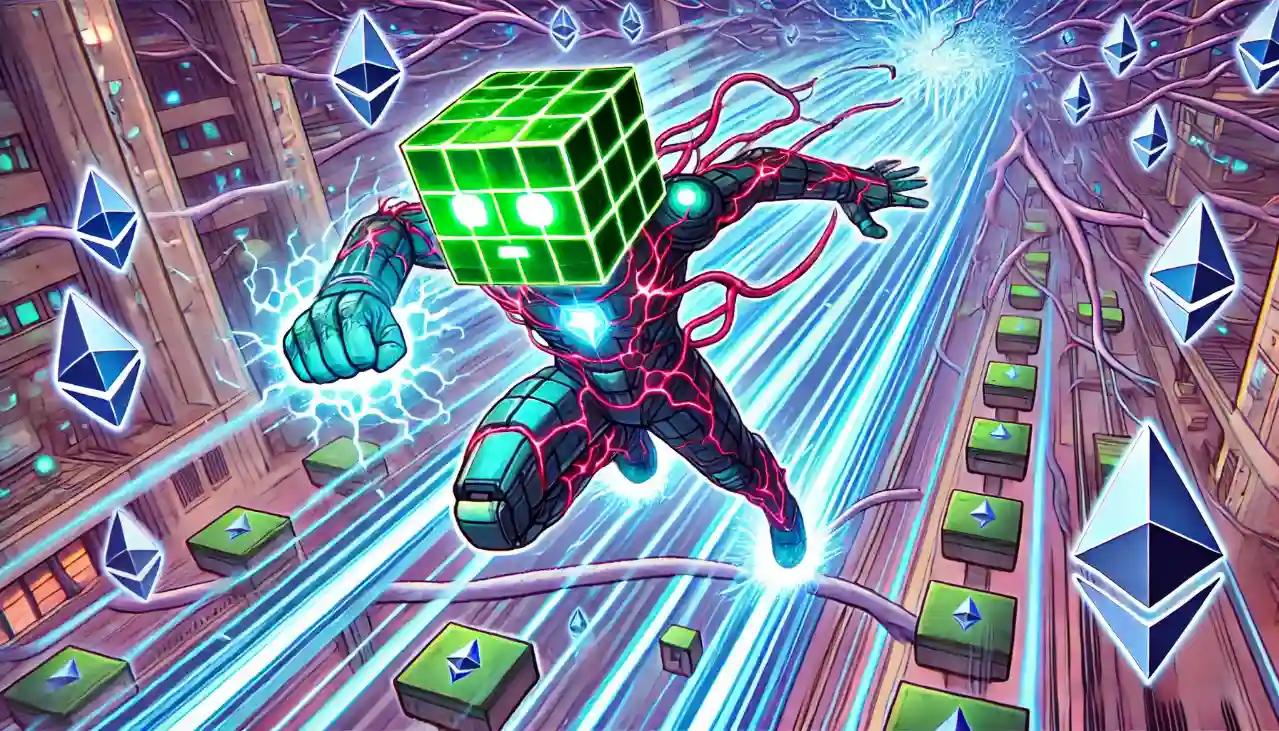 Anime-style Ethereum robot leaping through a neon blockchain city