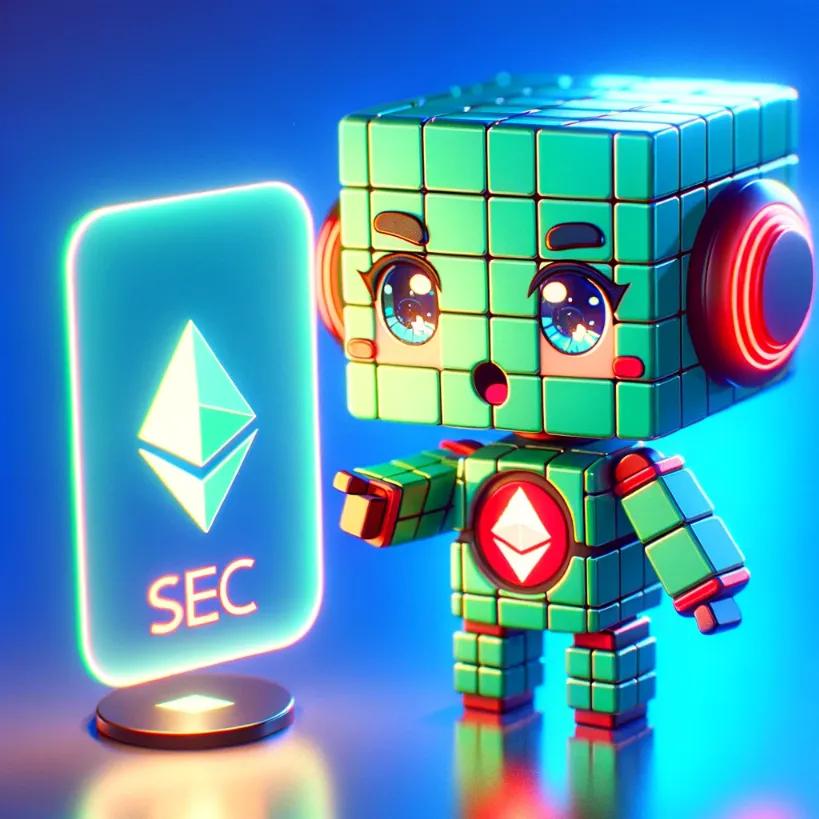Anime-style chibi cubic robot in green and red, surprised by a holographic SEC and Ethereum display