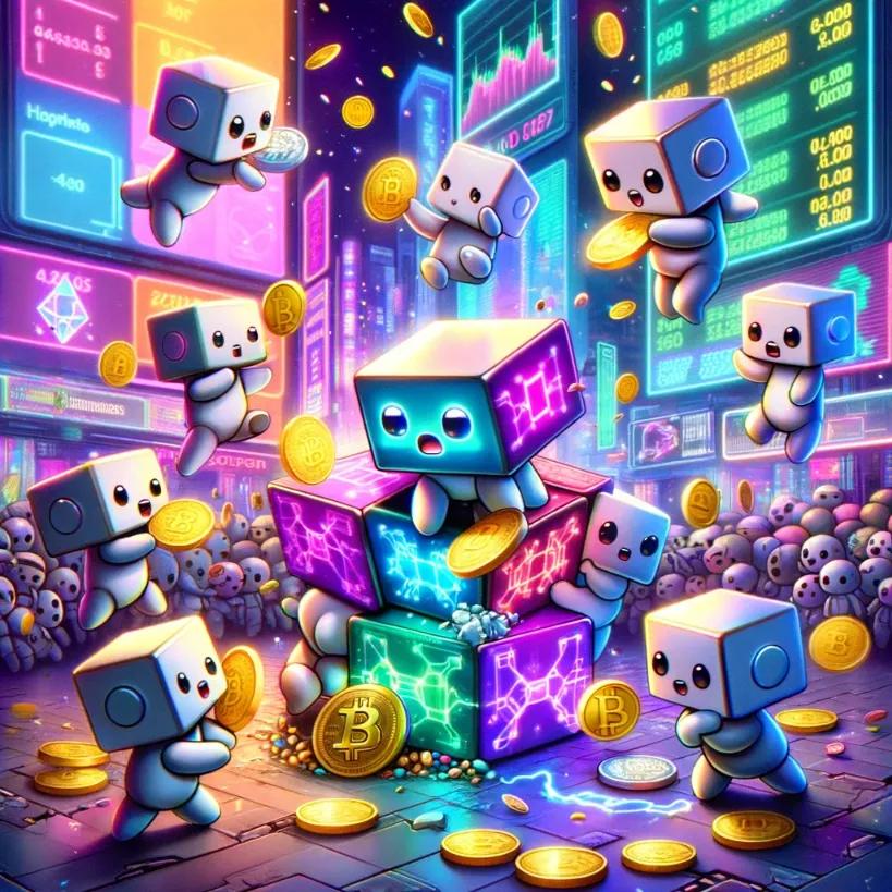 Anime-style futuristic cityscape with chibi robots exchanging crypto tokens, highlighting TUSD's depegging amidst market chaos