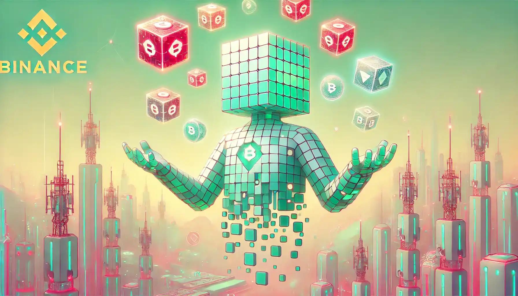 Anime-style robot juggles shifting airdrop tokens in a blockchain sky