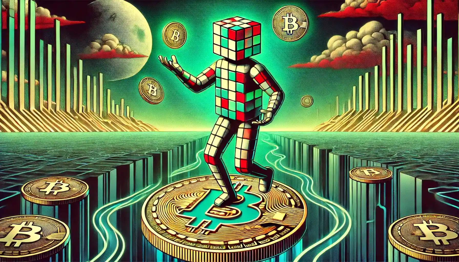 Asset-juggling robot balances on giant coin in digital financial landscape