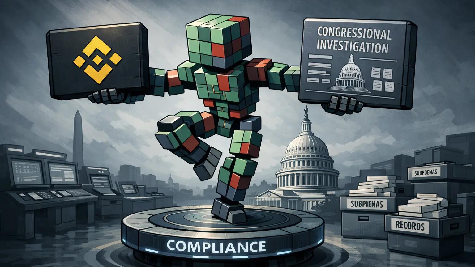 Binance Senate probe depicted through robot balancing compliance evidence